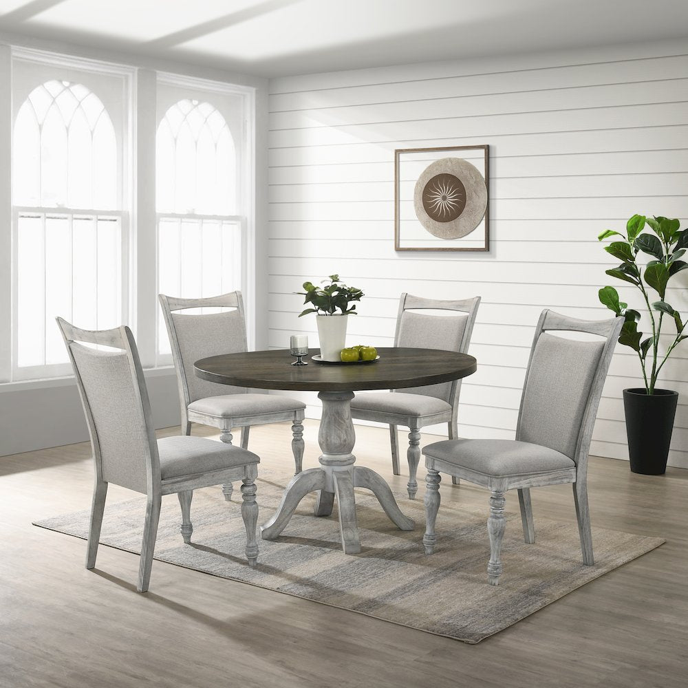Iris 5-Pc Dining Set Pedestal Table with 4 Chairs, Weathered White and Gray