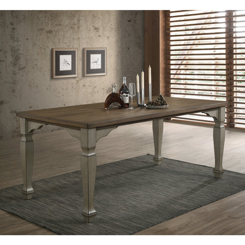 Breda Antique Gray and Dark Oak Finished Wood Dining Set, Table, Bench, Chairs