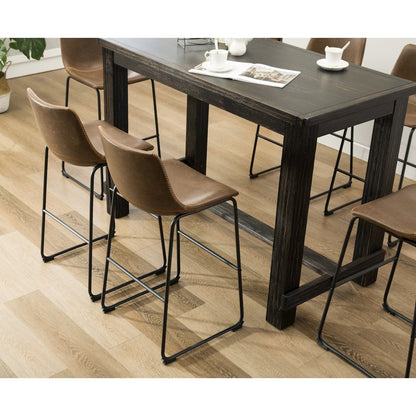 7-Piece Bar Height Antique Black Wood Dining Table, 6 Brown Faux Leather Chairs