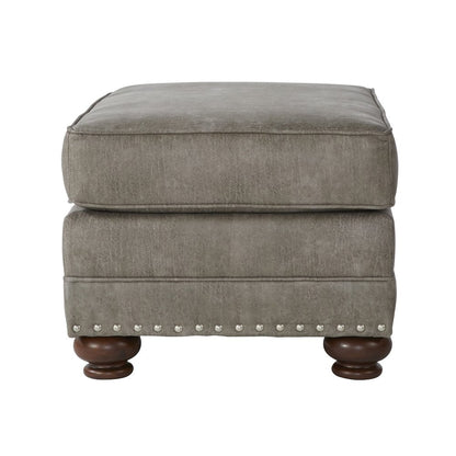 Leinster Faux Leather Upholstered Nailhead Chair and Ottoman in Stone Gray