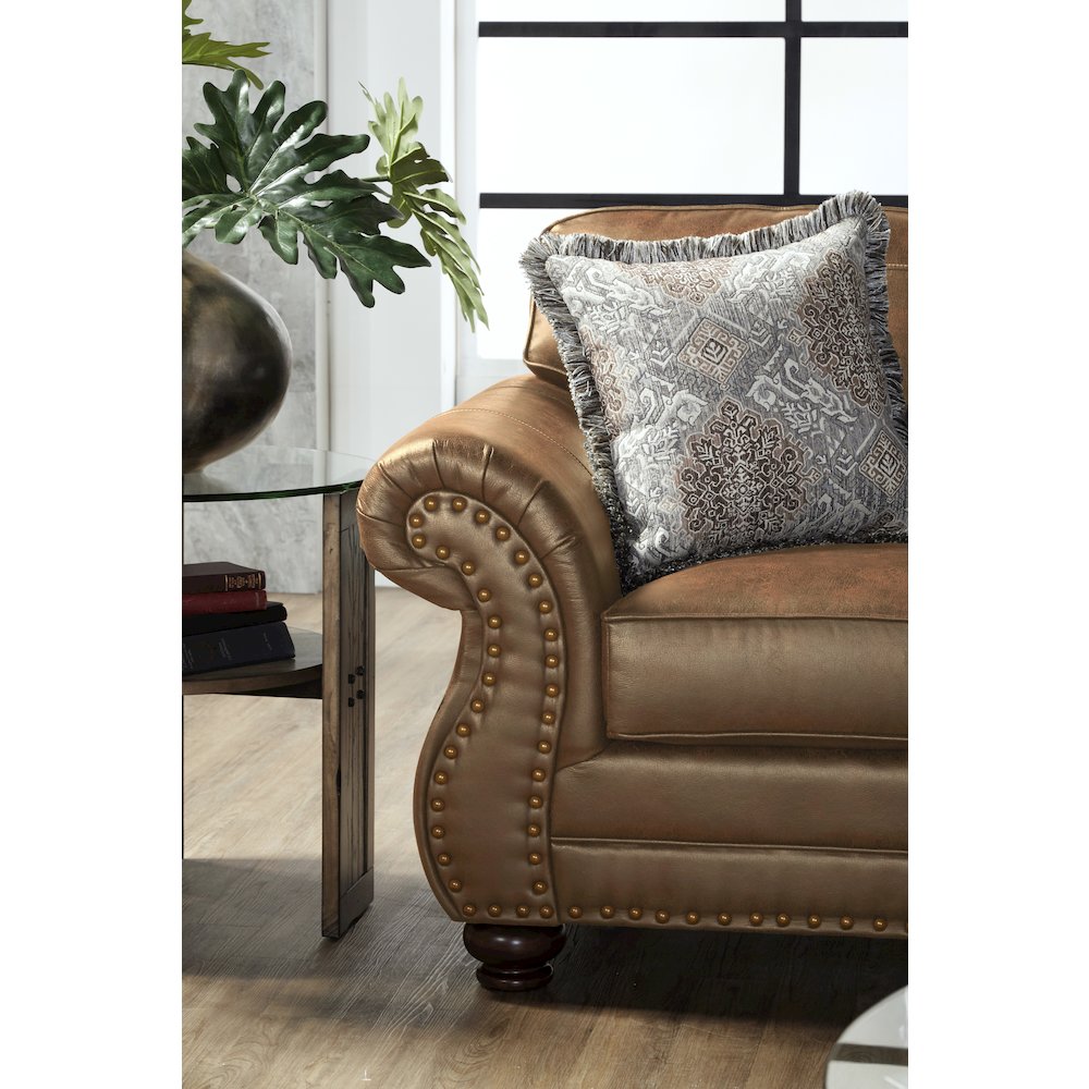 Leinster Faux Leather Sofa with Antique Bronze Nailheads in Jetson Ginger