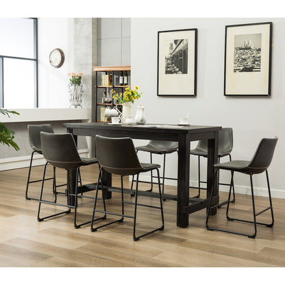 7-Piece Counter Height Antique Black Wood Dining Table with 6 Gray Chairs