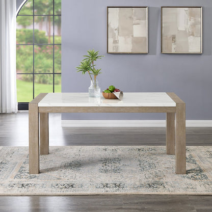 Zelalle Dining Table, Faux Marble Paper Top and White Wired-Brushed Finish