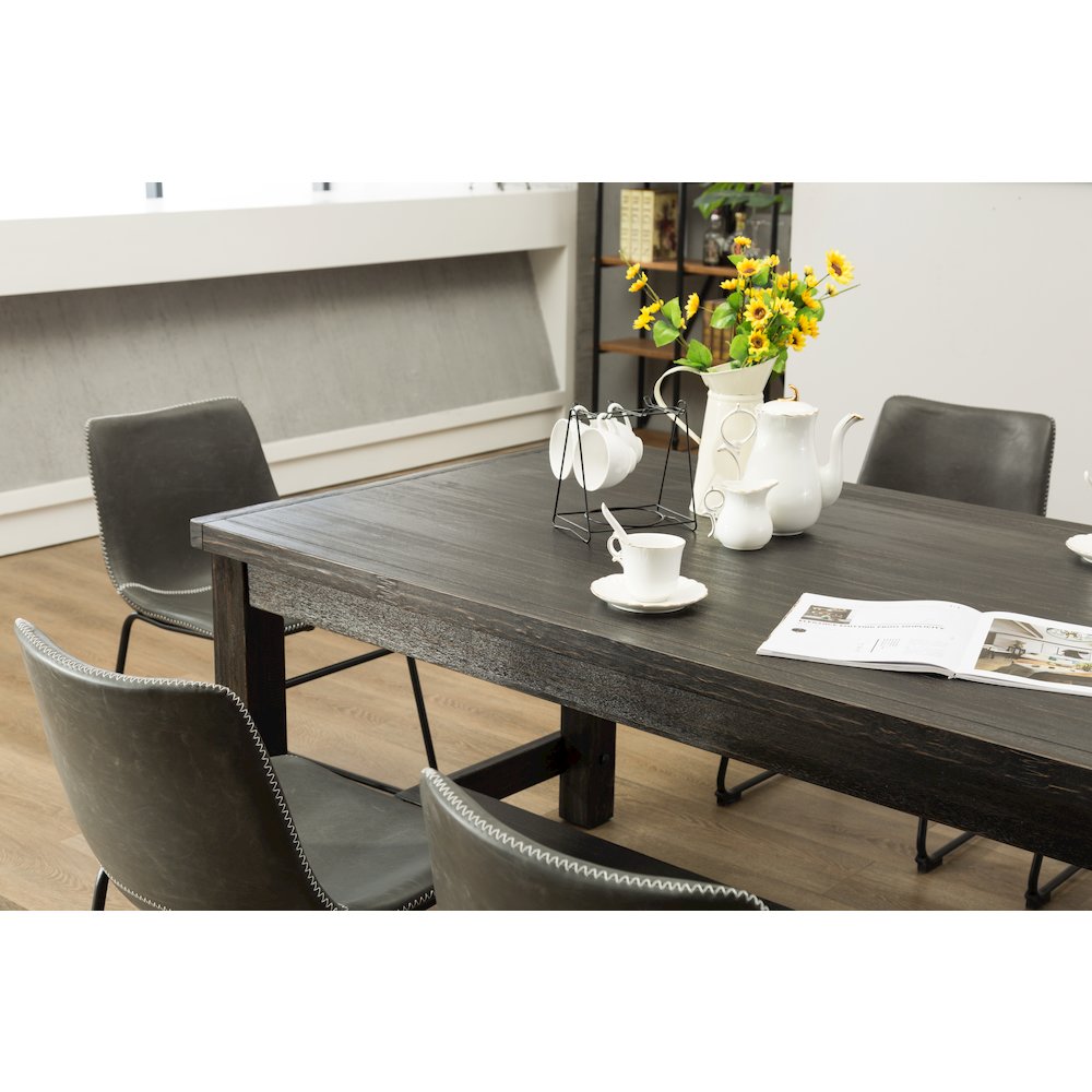 7-Piece Antique Black Finish Wood Dining Table, 6 Gray Faux Leather Chairs Set