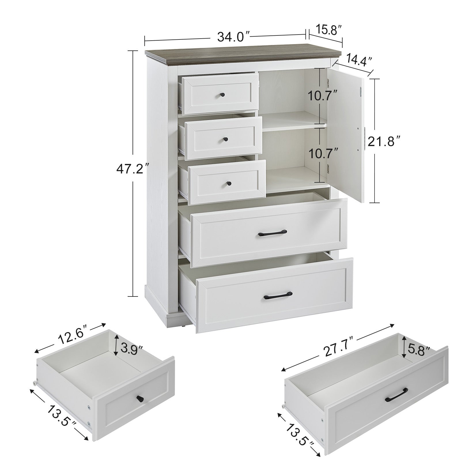 Farmhouse 5 Drawer Dresser for Bedroom, Tall Chest of Drawers, Chest of Drawers Organizer Storage,Wood Rustic Bedroom Dresser for Closet, Living Room, Hallway, White.