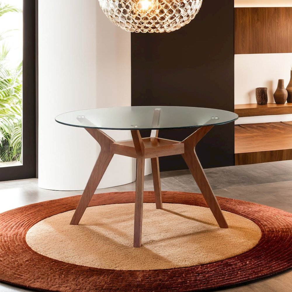 Sophisticated Round Dining Table with Clear Glass Top and Nutmeg Wood Base