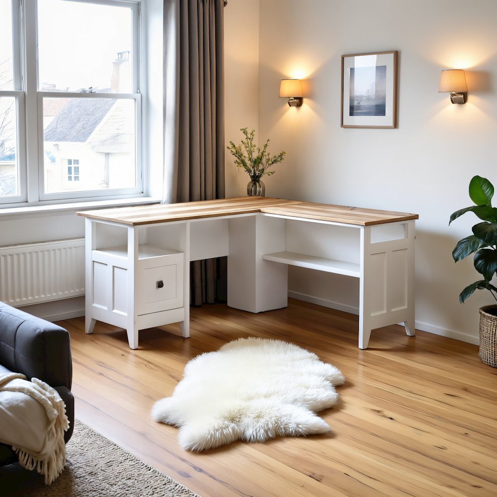 White Office Desk with L-Shape Design, Engineered Wood, Large Workstation