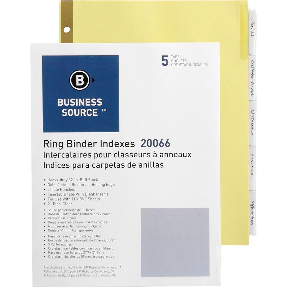 Business Source Insertable 5-Tab Ring Binder Indexes - 5 x Divider(s) - 5 Tab(s)/Set2" Tab Width - 8.5" Divider Width x 11" Divider Length - Letter - 3 Hole Punched - Buff Divider - Clear Tab(s) - Myl