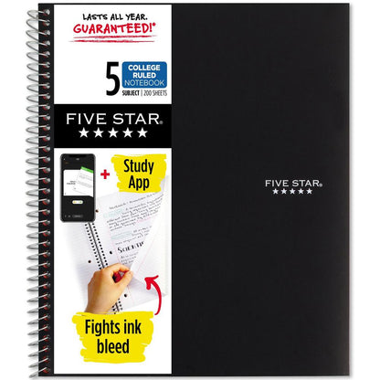 Five Star Notebook - 5 Subject(s) - 200 Sheets - Wire Bound - College Ruled - 3 Hole(s) - Letter - 8 1/2" x 11" - Black Cover - Bleed Resistant, Pocket, Perforated, Water Resistant, Spiral Lock, Acid-