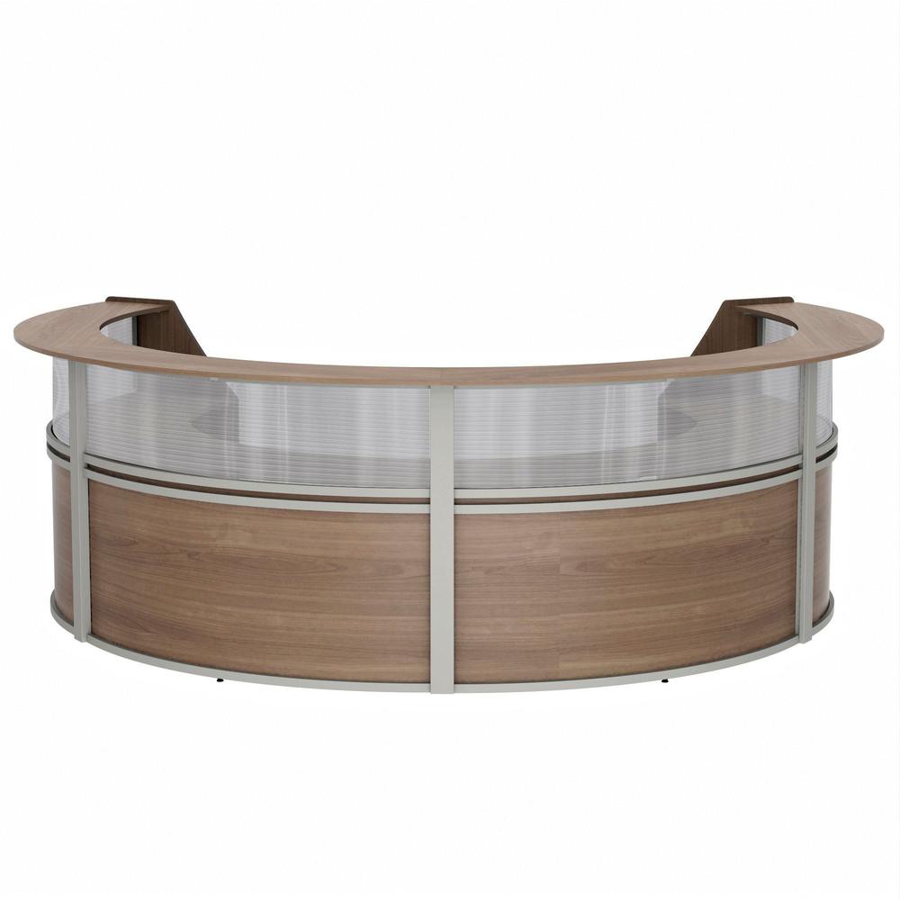 Linea Italia 4-Unit Curved Reception Desk - 11.8 ft x 107" x 46" - Material: Thermofused Laminate (TFL) - Finish: Walnut, Clear