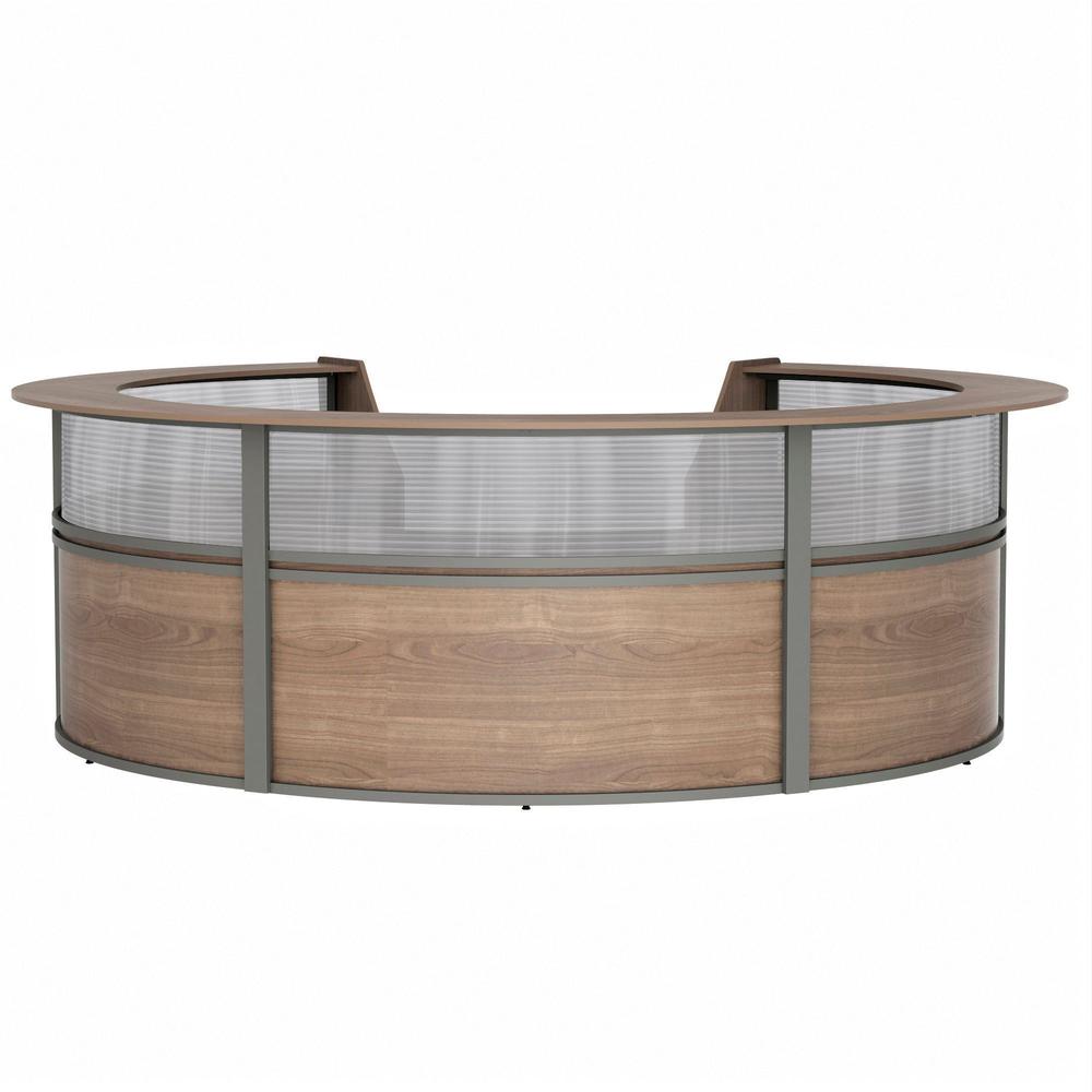 Linea Italia 5-Unit Curved Reception Desk - 11.8 ft x 11.1 ft x 46" - Material: Thermofused Laminate (TFL) - Finish: Walnut, Clear
