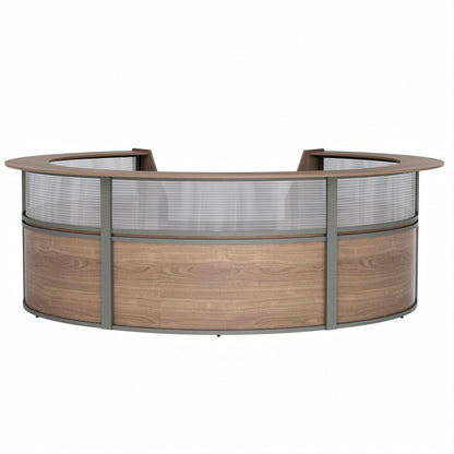 Linea Italia 5-Unit Curved Reception Desk - 11.8 ft x 11.1 ft x 46" - Material: Thermofused Laminate (TFL) - Finish: Walnut, Clear