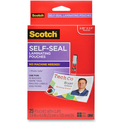 Scotch Self-Laminating ID Clip-Style Pouches - Support 4" x 2.80" Media - Horizontal - 25 / Pack - Clear