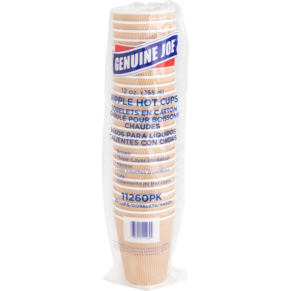 Genuine Joe 12 oz Rippled Hot Cups - 25 / Pack - Brown - Beverage, Hot Drink