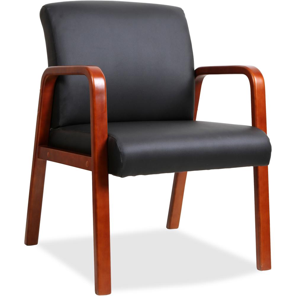 Lorell Upholstered Guest Chair - Black Bonded Leather Seat - Black Bonded Leather Back - Cherry Solid Wood Frame - Four-legged Base - Armrest - 1 Each