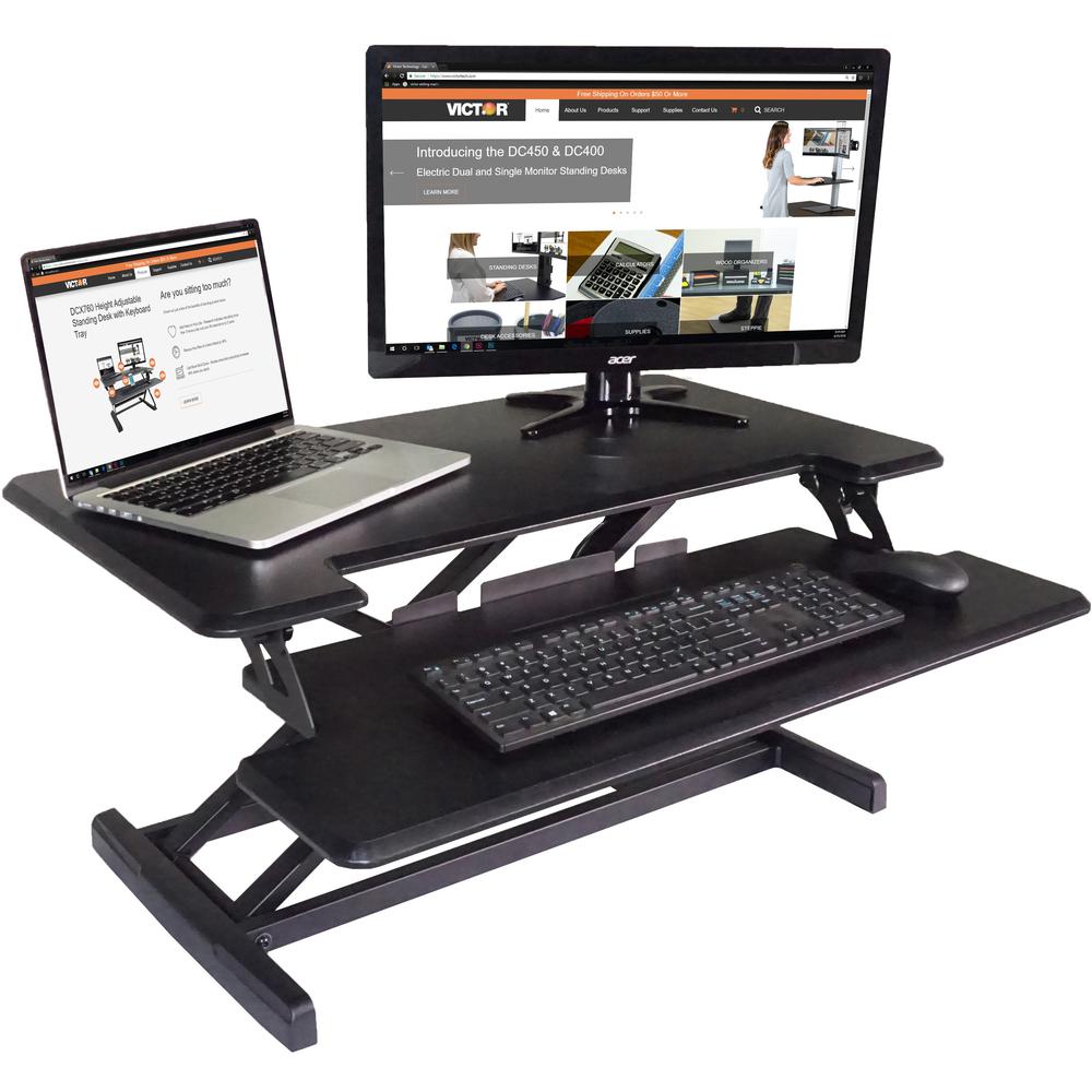 Victor High Rise Height Adjustable Compact Standing Desk with Keyboard Tray - 19" Height x 32.5" Width x 18" Depth - Standing Desk Converter - Compact for 24" Standard Desk or Table - Wood, Laminate,