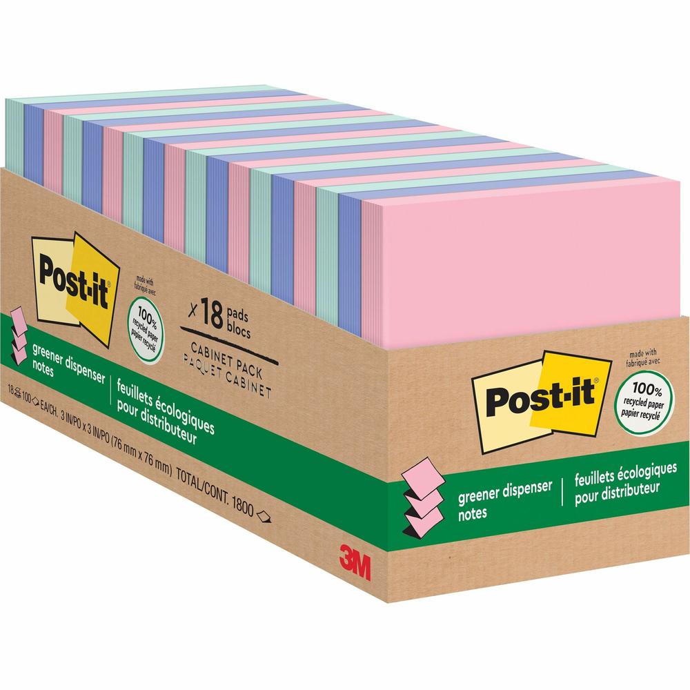 Post-it&reg; Greener Dispenser Notes - 3" x 3" - Square - 100 Sheets per Pad - Positively Pink, Fresh Mint, Moonstone - Paper - Self-stick, Removable, Recyclable, Pop-up, Residue-free, Eco-friendly -