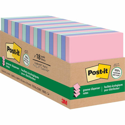Post-it&reg; Greener Dispenser Notes - 3" x 3" - Square - 100 Sheets per Pad - Positively Pink, Fresh Mint, Moonstone - Paper - Self-stick, Removable, Recyclable, Pop-up, Residue-free, Eco-friendly -