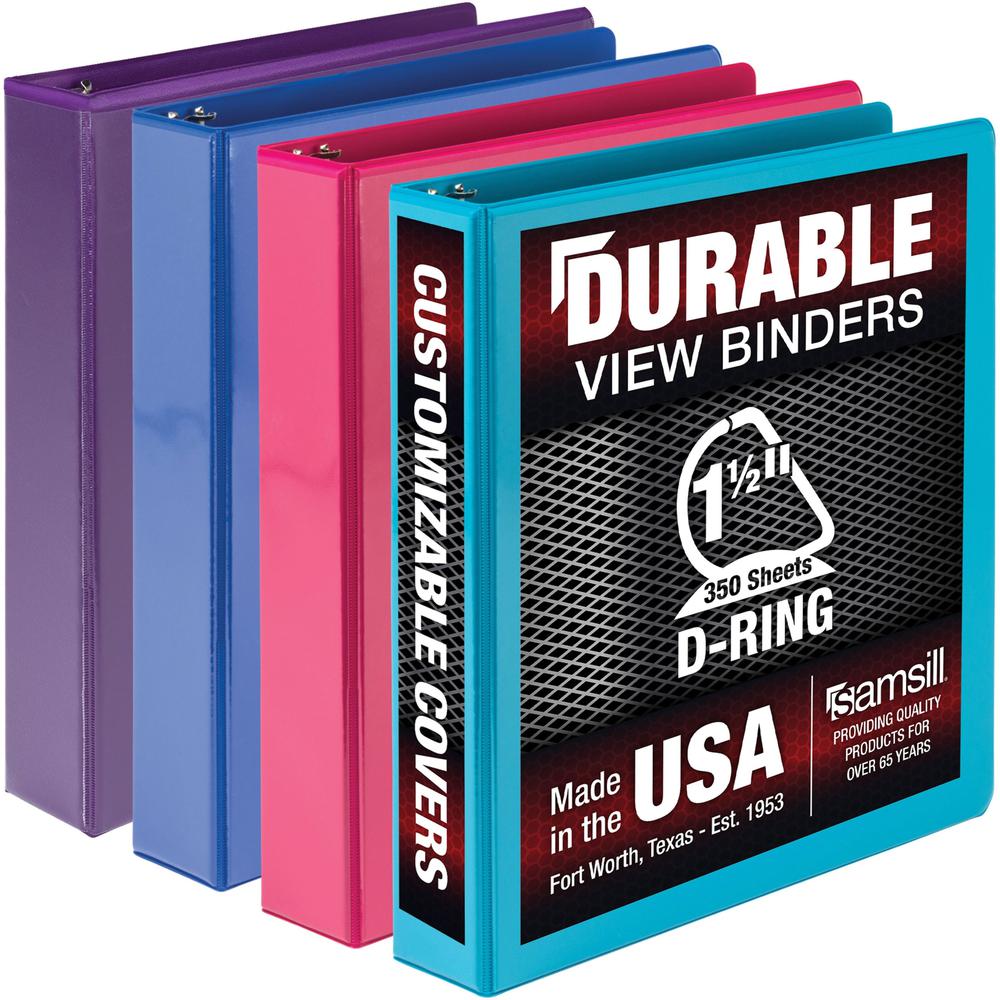Samsill Durable View Binders - 1 1/2" Binder Capacity - 350 Sheet Capacity - D-Ring Fastener(s) - Chipboard, Polypropylene - Assorted - Recycled - Clear Overlay, Durable, Non-glare, PVC-free, Non-stic