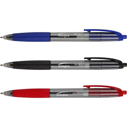 Integra Rubber Grip Retractable Pens - Medium Pen Point - 1 mm Pen Point Size - Retractable - Black - Black Barrel - 1 Dozen