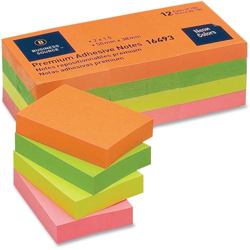 Business Source Premium Repostionable Adhesive Notes - 1 1/2" x 2" - Rectangle - Unruled - Neon - Self-adhesive, Repositionable, Solvent-free Adhesive - 12 / Pack