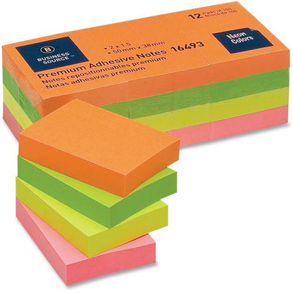 Business Source Premium Repostionable Adhesive Notes - 1 1/2" x 2" - Rectangle - Unruled - Neon - Self-adhesive, Repositionable, Solvent-free Adhesive - 12 / Pack