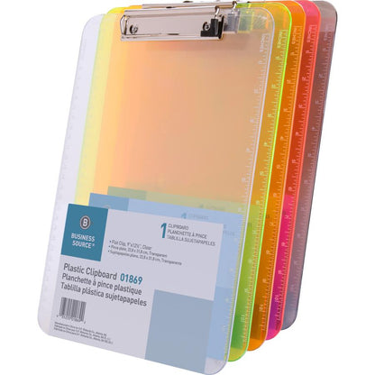Business Source Flat Clip Clipboard - 9" x 12" - Plastic - Neon Pink - 6 / Bundle