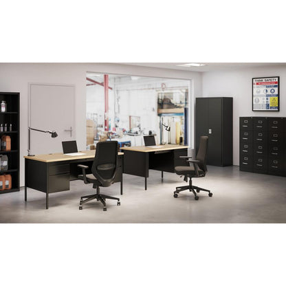 Lorell Fortress Series 48" Right Single-Pedestal Desk - 48" x 29.5"30" , 0.8" Modesty Panel, 1.1" Top - Single Pedestal on Right Side - Square Edge - Material: Steel - Finish: Black