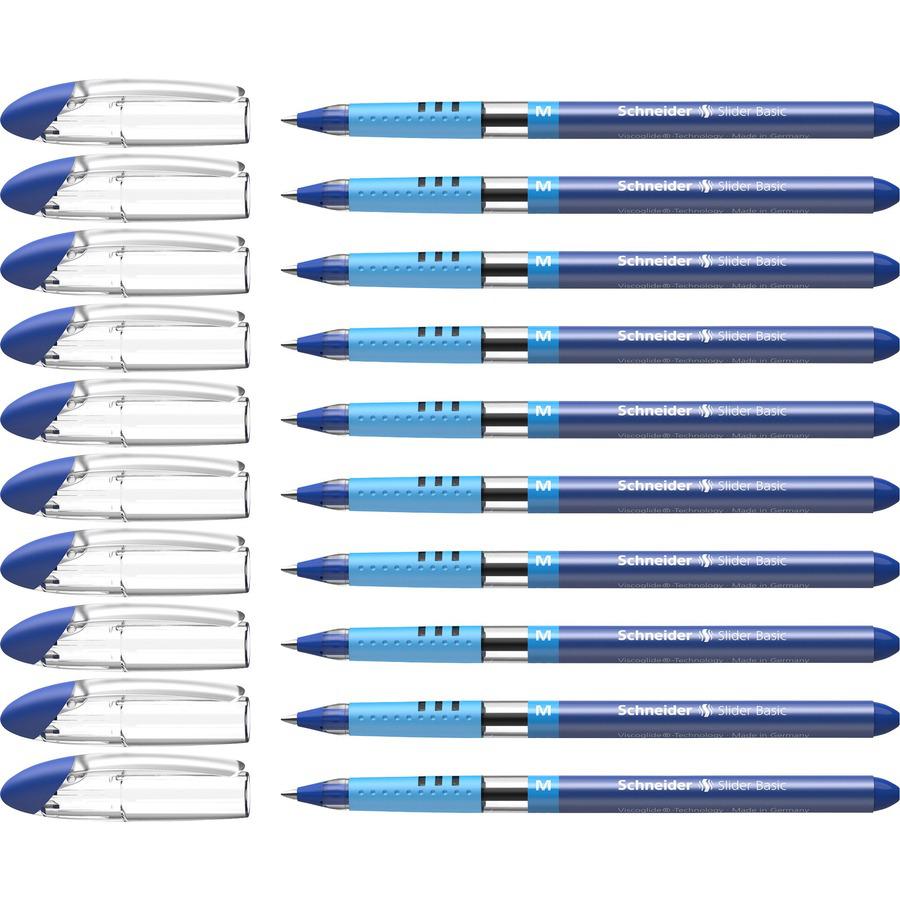 Schneider Slider Basic Medium Ballpoint Pen - Medium Pen Point - 1 mm Pen Point Size - Blue - Transparent Rubberized, Blue Barrel - Stainless Steel Tip - 10 / Pack