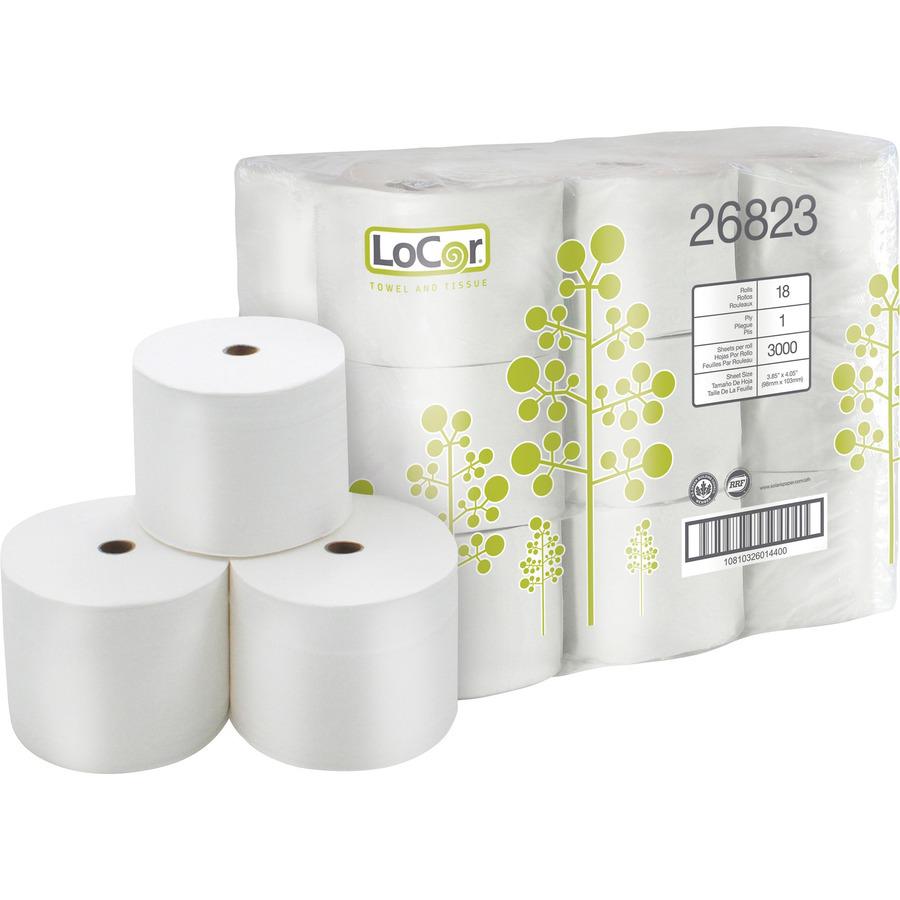 LoCor High-Capacity Bath Tissue - 1 Ply - 3.85" x 4.05" - 3000 Sheets/Roll - White - 18 Rolls Per Container - 6 / Box