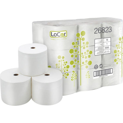 LoCor High-Capacity Bath Tissue - 1 Ply - 3.85" x 4.05" - 3000 Sheets/Roll - White - 18 Rolls Per Container - 6 / Box