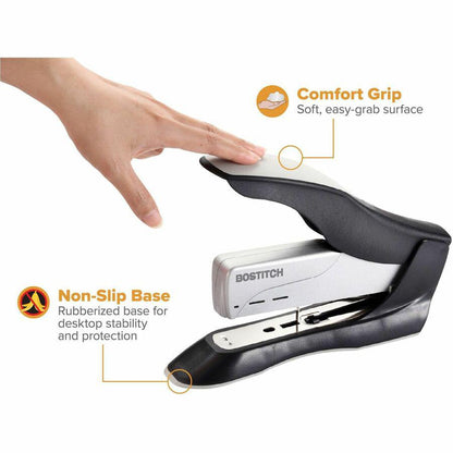 Bostitch Spring-Powered Antimicrobial Heavy Duty Stapler - 100 Sheets Capacity - 210 Staple Capacity - Full Strip - 1/2" Staple Size - 1 Each - Black, Gray