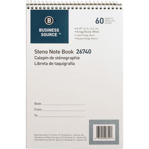 Business Source Steno Notebook - 60 Sheets - Wire Bound - Gregg Ruled Margin - 15 lb Basis Weight - 6" x 9" - White Paper - Stiff-back - 1 Each