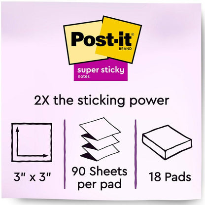 Post-it&reg; Super Sticky Dispenser Notes - Supernova Neons Color Collection - 3" x 3" - Square - 90 Sheets per Pad - Aqua Splash, Acid Lime, Guava - Paper - Super Sticky, Adhesive, Recyclable, Pop-up