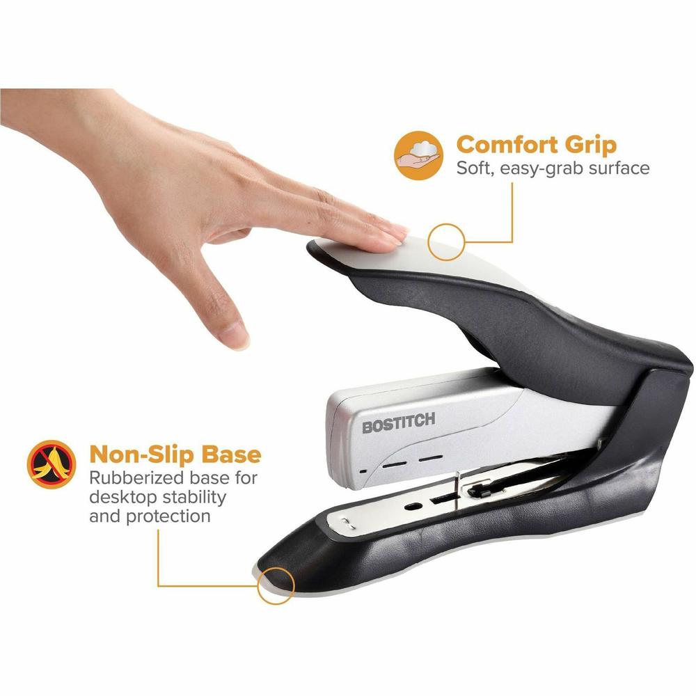 Bostitch Spring-Powered Antimicrobial Heavy Duty Stapler - 100 Sheets Capacity - 210 Staple Capacity - Full Strip - 1/2" Staple Size - 1 Each - Black, Gray