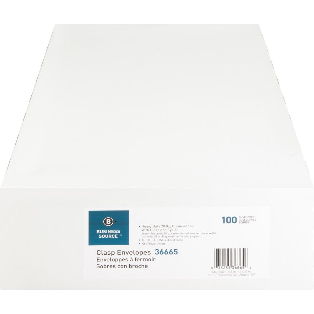 Business Source Heavy-duty Clasp Envelopes - Clasp - #97 - 10" Width x 13" Length - 28 lb - Clasp - Kraft - 100 / Box - Kraft