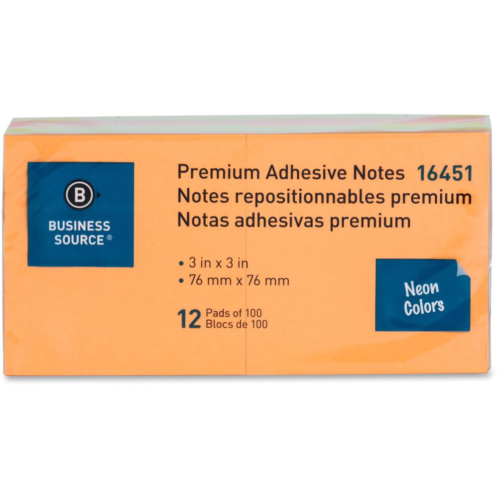 Business Source Repositionable Neon Notes - 3" x 3" - Square - Neon - Removable, Repositionable, Solvent-free Adhesive - 12 / Pack