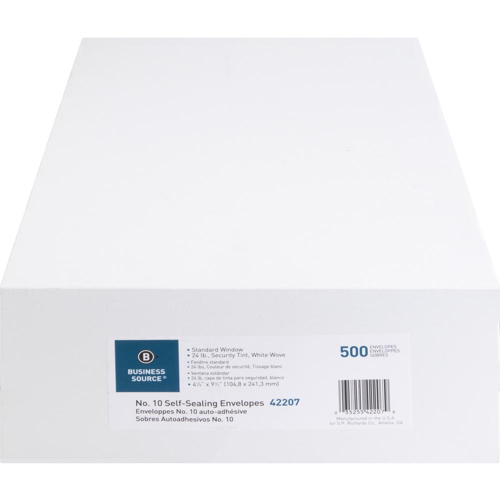 Business Source No.10 Standard Window Invoice Envelopes - Single Window - 9 1/2" Width x 4 1/2" Length - 24 lb - Self-sealing - Poly - 500 / Box - White