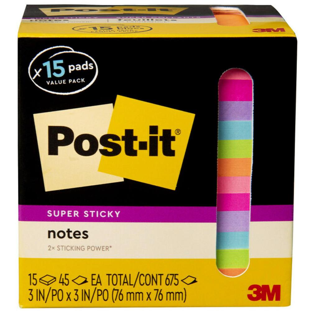 Post-it&reg; Super Sticky Notes - 15 - 3" x 3" - Square - 45 Sheets per Pad - Neon Orange, Tropical Pink, Power Pink, Iris, Blue Paradise, Neon Green Limeade - Adhesive, Recyclable - 15 / Pack