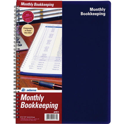 Adams Monthly Bookkeeping Record Book - Spiral Bound - White Sheet(s) - Blue, Yellow Print Color - 1 Each