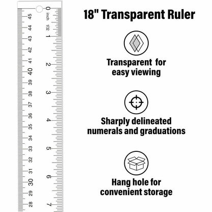 Westcott 18" Transparent Ruler - 18" Length 1" Width - 1/16 Graduations - Imperial, Metric Measuring System - Acrylic - 1 Each - Clear