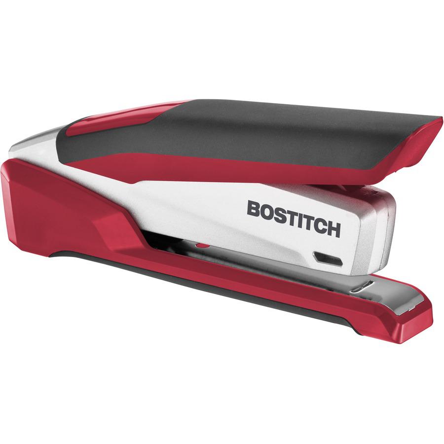 Bostitch InPower Spring-Powered Antimicrobial Desktop Stapler - 28 Sheets Capacity - 210 Staple Capacity - Full Strip - 1/4" Staple Size - 1 Each - Silver, Red
