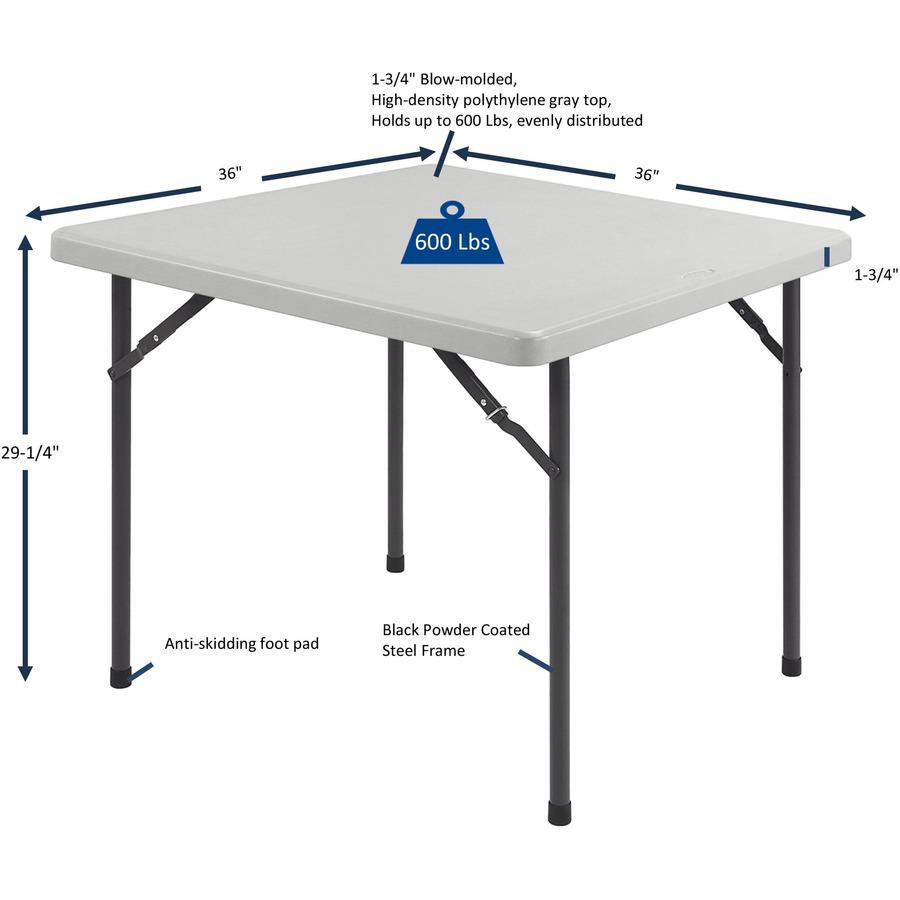 Lorell Ultra-Lite Banquet Folding Table - Square Top - 600 lb Capacity - 29" Height x 36" Width x 36" Depth - Gray, Powder Coated - 1 Each
