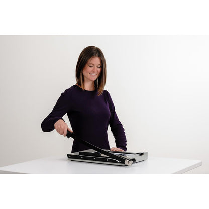 Dahle NA Vantage Guillotine Paper Trimmer - 15 Sheet Cutting Capacity - 15" Cutting Length - Sturdy, Spring-action Handle, Adjustable Back Stop, Alignment Grid - Metal - Gray - 12.3" Length - 1 / Cart