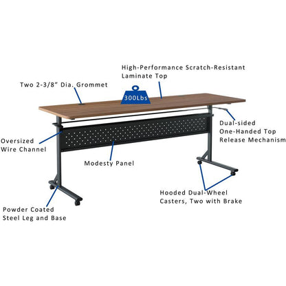 Lorell Shift 2.0 Flip and Nesting Mobile Table - Laminated Rectangle Top - 72" Table Top Length x 24" Table Top Width x 1" Table Top Thickness - 29.50" HeightAssembly Required - Walnut - 1 Each