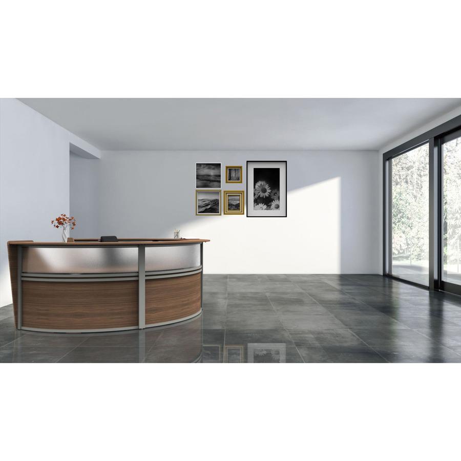 Linea Italia 4-Unit Curved Reception Desk - 11.8 ft x 107" x 46" - Material: Thermofused Laminate (TFL) - Finish: Walnut, Clear