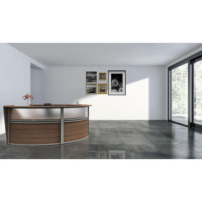 Linea Italia 4-Unit Curved Reception Desk - 11.8 ft x 107" x 46" - Material: Thermofused Laminate (TFL) - Finish: Walnut, Clear