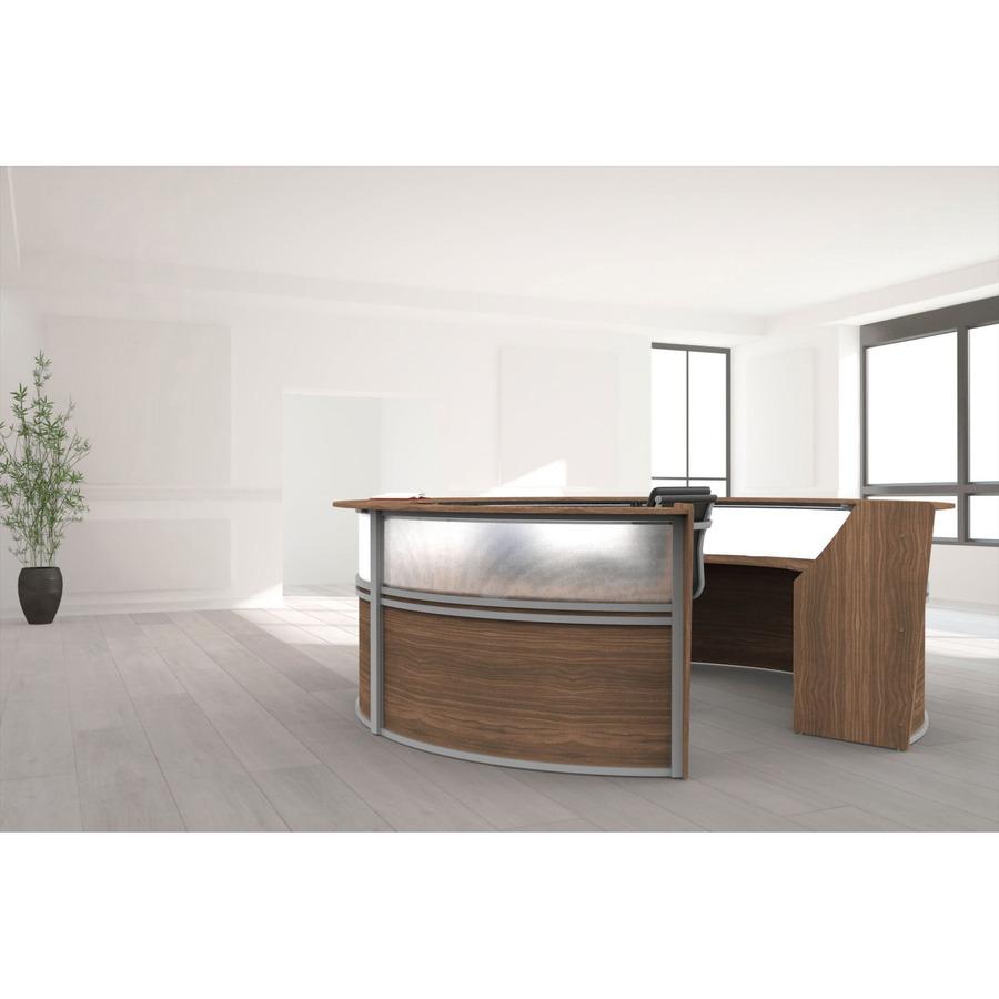 Linea Italia 5-Unit Curved Reception Desk - 11.8 ft x 11.1 ft x 46" - Material: Thermofused Laminate (TFL) - Finish: Walnut, Clear