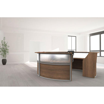 Linea Italia 5-Unit Curved Reception Desk - 11.8 ft x 11.1 ft x 46" - Material: Thermofused Laminate (TFL) - Finish: Walnut, Clear