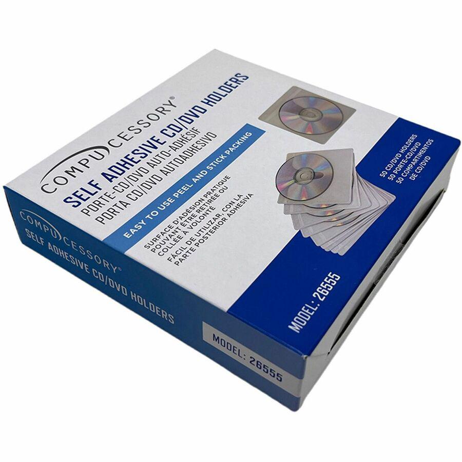 Compucessory Self-Adhesive Poly CD/DVD Holders - 1 x CD/DVD Capacity - White - Polypropylene - 50 / Pack